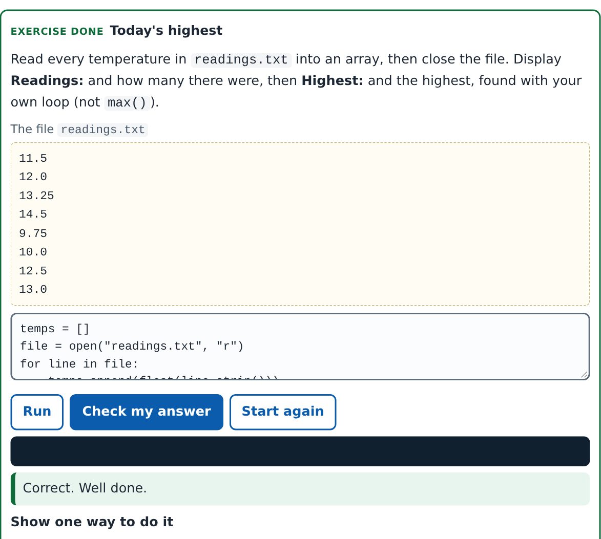 A Python exercise that reads a file of temperatures, with the file shown and the message Correct. Well done.
