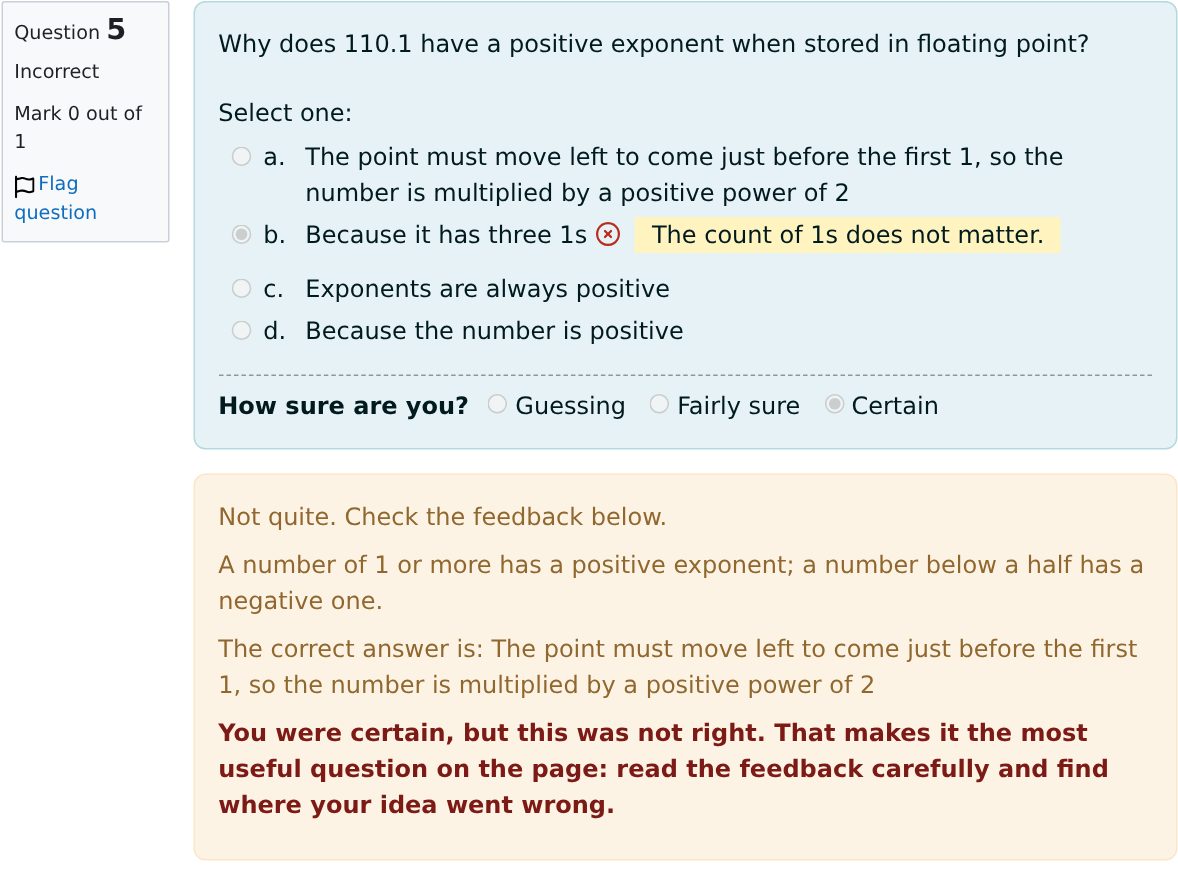 A marked quiz question with feedback on the wrong answer and a note that the pupil was certain but wrong