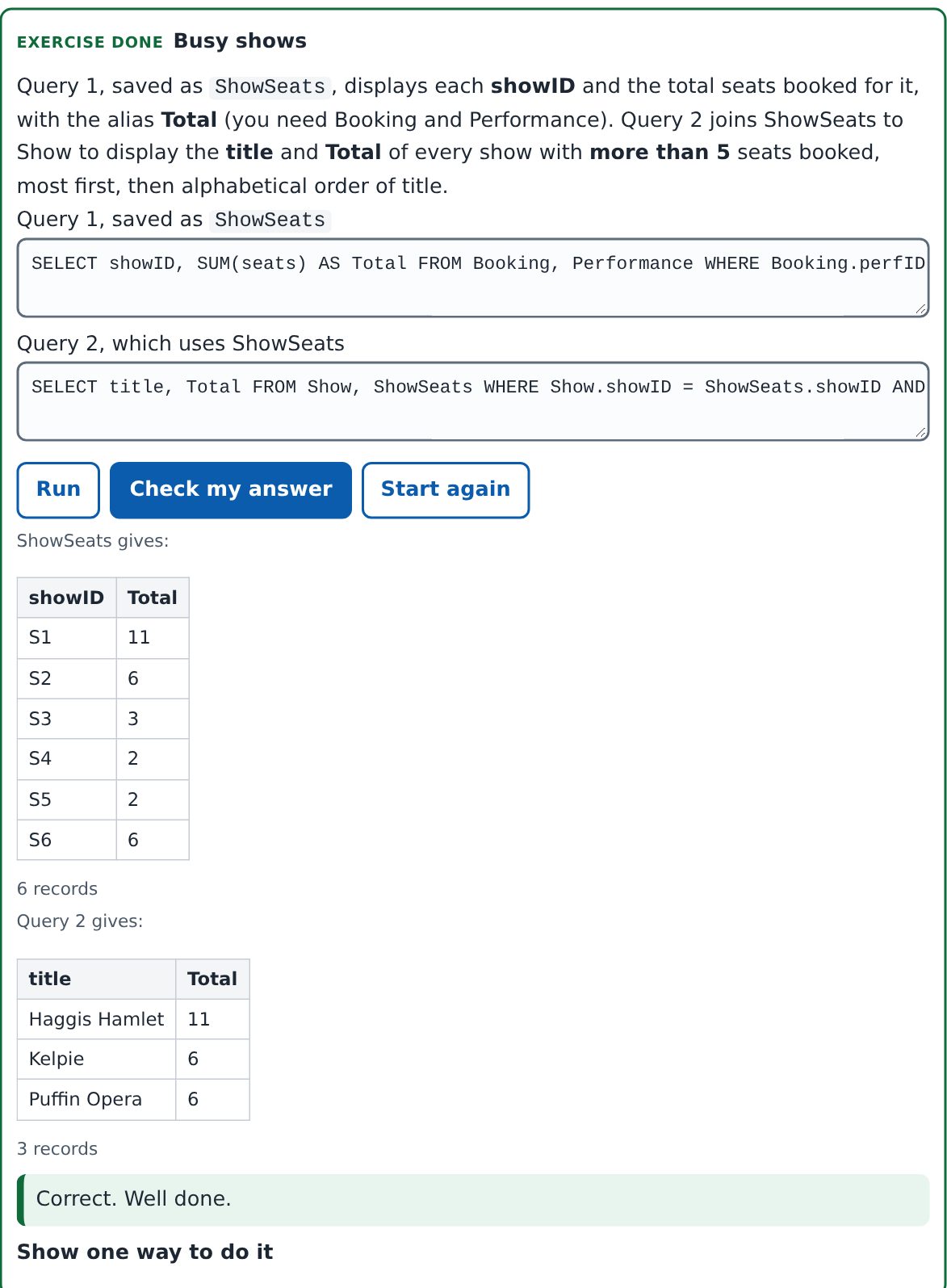 An SQL exercise with a saved query, a second query that uses it, and both results